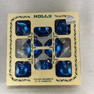 Holly Glass 2 1/4" Blue Christmas Ornaments Set of 8 In Original Box Vintage